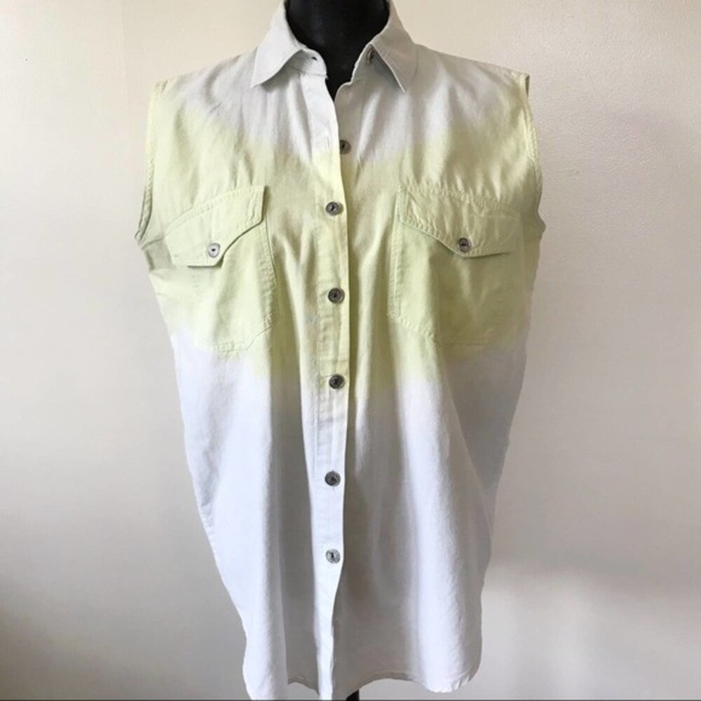 Retro Tank Top Gradient Ombre Button Up Long Cotton Yellow Blue Size Medium